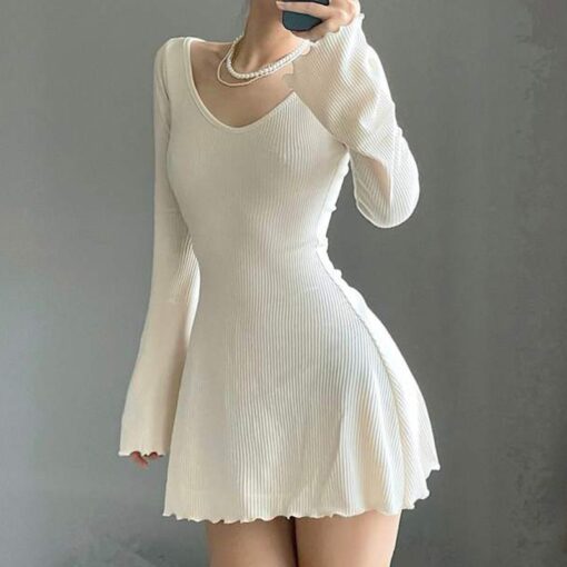 Knitting Elegant Dress For Women Spring Fall Solid Color V Neck Office Lady Irregular Hem Simple