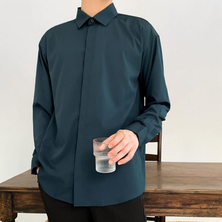 Korean Fashion New Drape Shirts for Men Solid Color Long Sleeve Ice Silk Smart Casual Comfortable 1