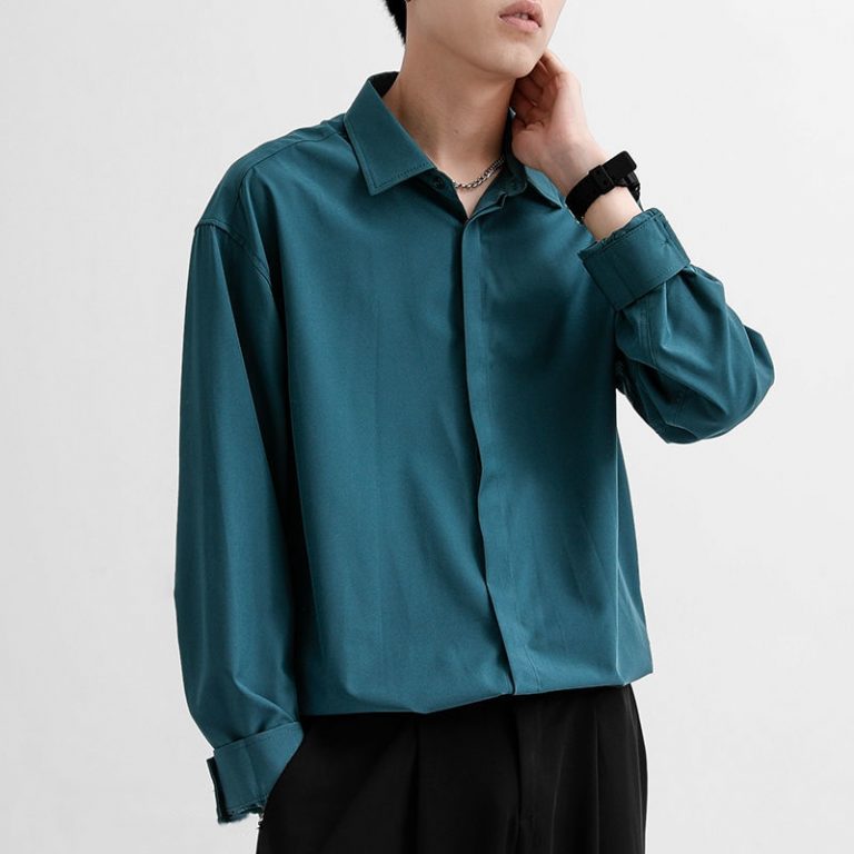 Korean Fashion New Drape Shirts for Men Solid Color Long Sleeve Ice Silk Smart Casual Comfortable 2