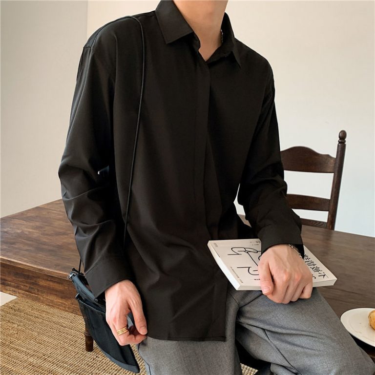 Korean Fashion New Drape Shirts for Men Solid Color Long Sleeve Ice Silk Smart Casual Comfortable 3