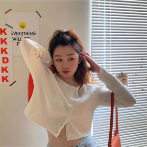 Korean Style O neck Short Knitted Sweaters Women Thin Cardigan Fashion Sleeve Sun Protection Crop Top 2