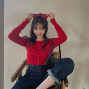 Korean Style O neck Short Knitted Sweaters Women Thin Cardigan Fashion Sleeve Sun Protection Crop Top 3