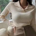 Korean Style Turn Down Collar Women Sweater Female