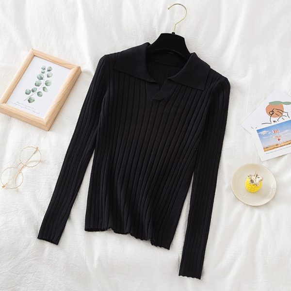 Korean Style Turn Down Collar Women Sweater Female Long Sleeve Top Casual Pullover Knitted Sweaters Fall