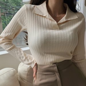 Korean Style Turn Down Collar Women Sweater Female Long Sleeve Top Casual Pullover Knitted Sweaters Fall jpg x
