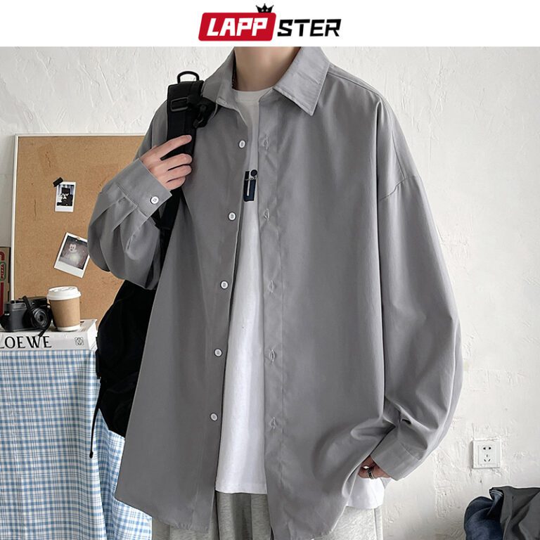 LAPPSTER Men Korean Fashion White Long Sleeve Shirts 2022 Mens Harajuku Black Oversized Shirt Male Button 2