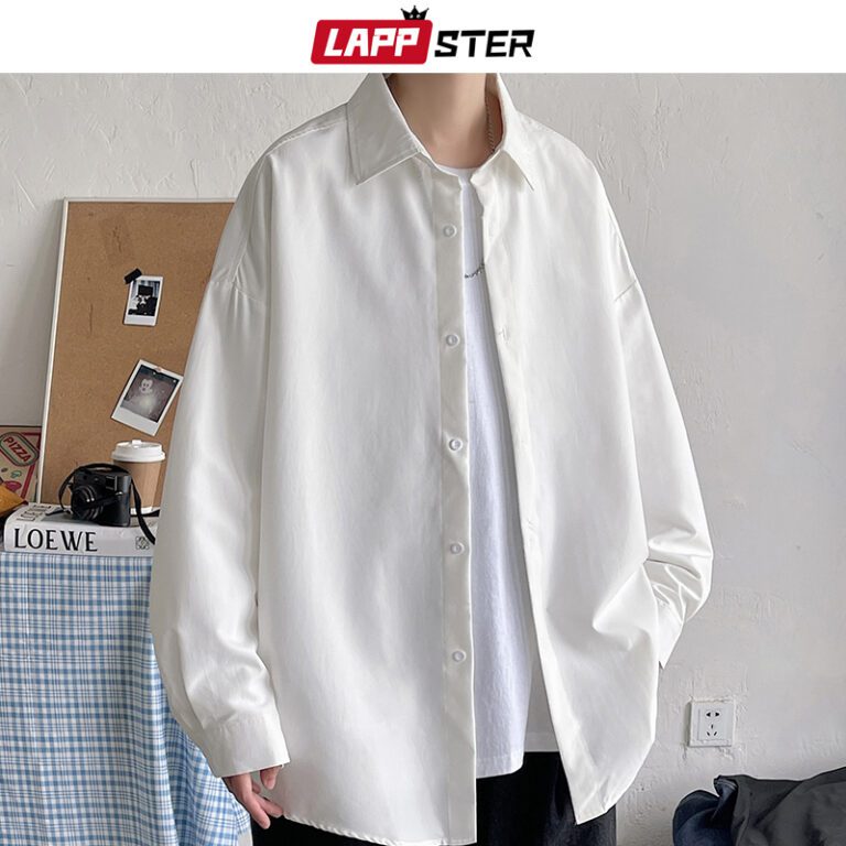 LAPPSTER Men Korean Fashion White Long Sleeve Shirts 2022 Mens Harajuku Black Oversized Shirt Male Button