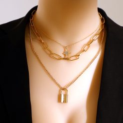 LATS Fashion Multi Layer Lock Portrait Pendants Necklaces for Women Gold Color Metal Key Heart Necklace