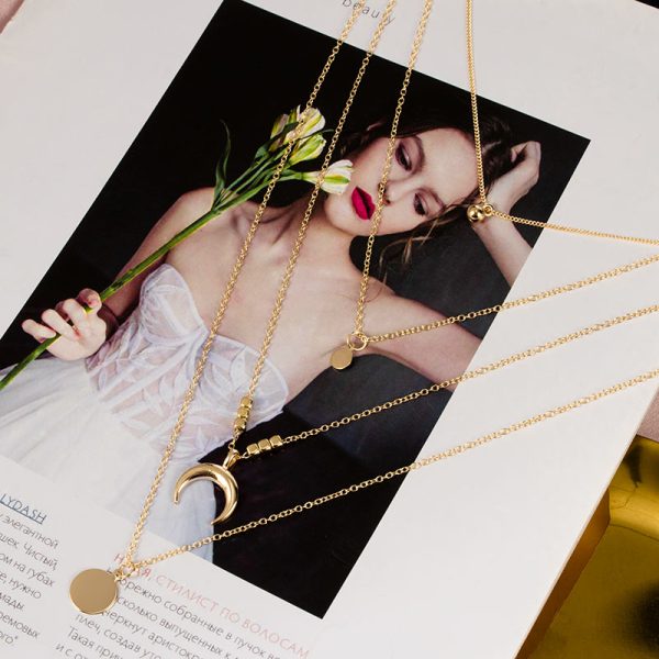 LATS Gold color Choker Necklace for women Multilayer Long moon Tassel Pendant Chain Necklaces Pendants chokers 4