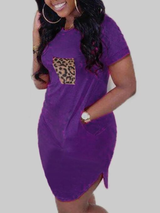 LW Plus Size Dresses Casual O Neck Leopard Print Pocket Purple Knee Length Dress summer short 1