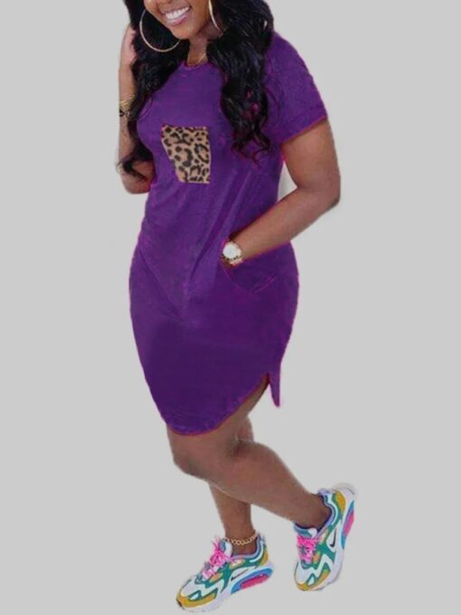 LW Plus Size Dresses Casual O Neck Leopard Print Pocket Purple Knee Length Dress summer short 2