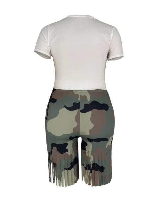 LW Plus Size Shorts Set Camo Tassel Y2k Graphics Top Shorts Set Femme Short Sleeve Two 1