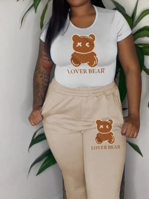 LW Plus Size Two Piece Lover Bear Skull Head Letter Print Pants Set Pullover Short Sleeve 1