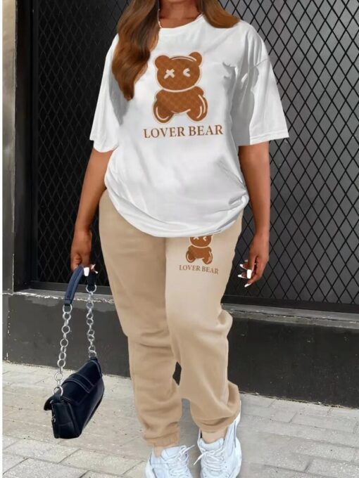 LW Plus Size Two Piece Lover Bear Skull Head Letter Print Pants Set Pullover Short Sleeve