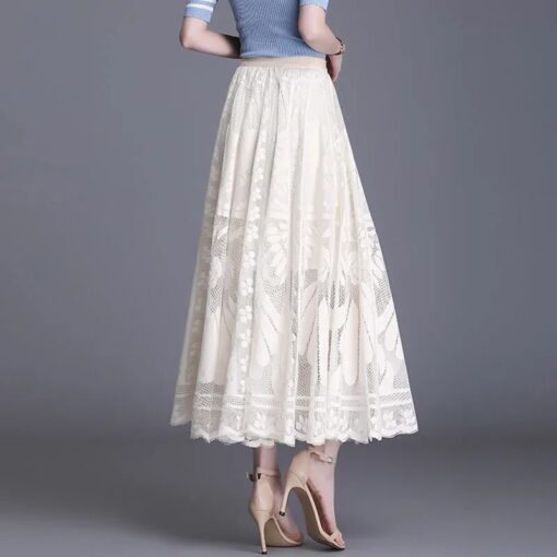 Lace Skirt Women s New A word Long Skirt Big Swing Gauze Hollow Pleated Skirt 2