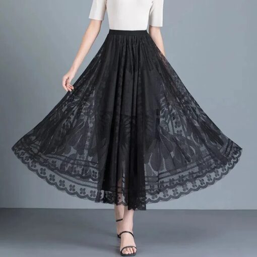 Lace Skirt Women s New A word Long Skirt Big Swing Gauze Hollow Pleated Skirt 4