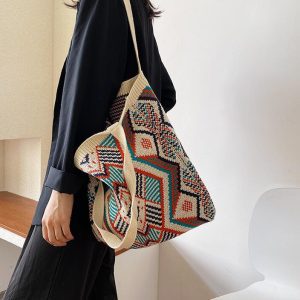 Lady Knitting Gypsy Bohemian Boho Chic Aztec Tote Bag Women Crochet Woolen Open Shopper Top handle