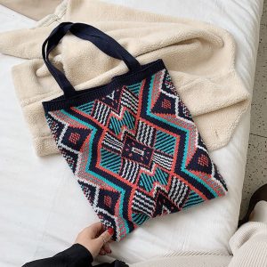Lady Knitting Gypsy Bohemian Boho Chic Aztec Tote Bag Women Crochet Woolen Open Shopper Top handle 4