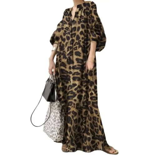 Lady Oversized Dress Bohemian Style Leopard Print Maxi Dress Stand Collar Oversized Fit Half Sleeve for 3