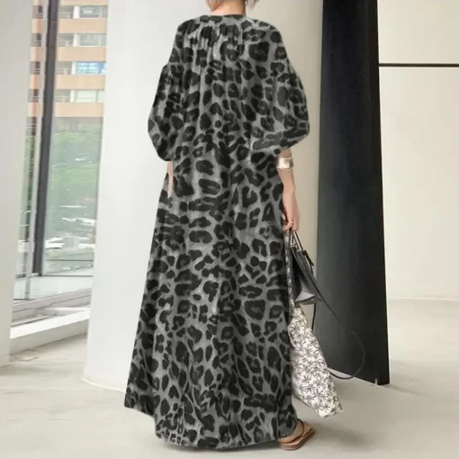 Lady Oversized Dress Bohemian Style Leopard Print Maxi Dress Stand Collar Oversized Fit Half Sleeve for