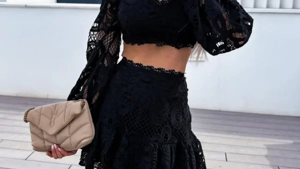 Lantern Sleeves Lace Crop Top Skirts 2 Pcs Set Sexy Slim Summer High Waist Outfit See