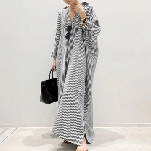 Lapel Striped Plus Size Dress Fashion Plus Size Clothing Long Sleeve Loose Cardigan Button Large Casual 2