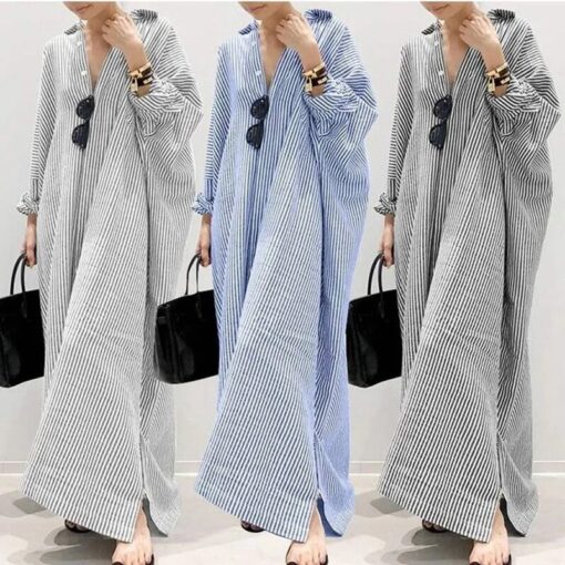Lapel Striped Plus Size Dress Fashion Plus Size Clothing Long Sleeve Loose Cardigan Button Large Casual 3