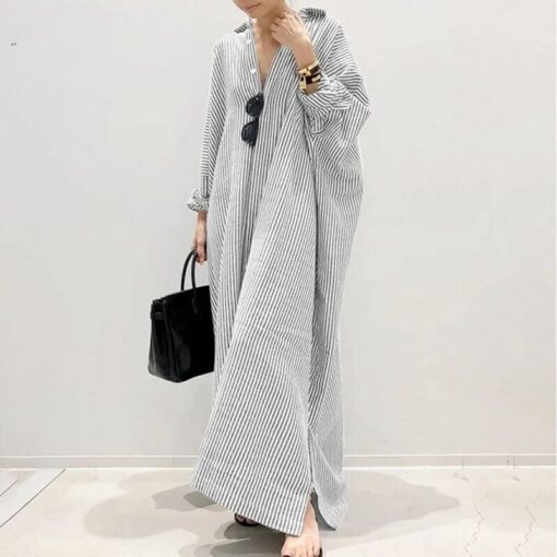 Lapel Striped Plus Size Dress Fashion Plus Size Clothing Long Sleeve Loose Cardigan Button Large Casual