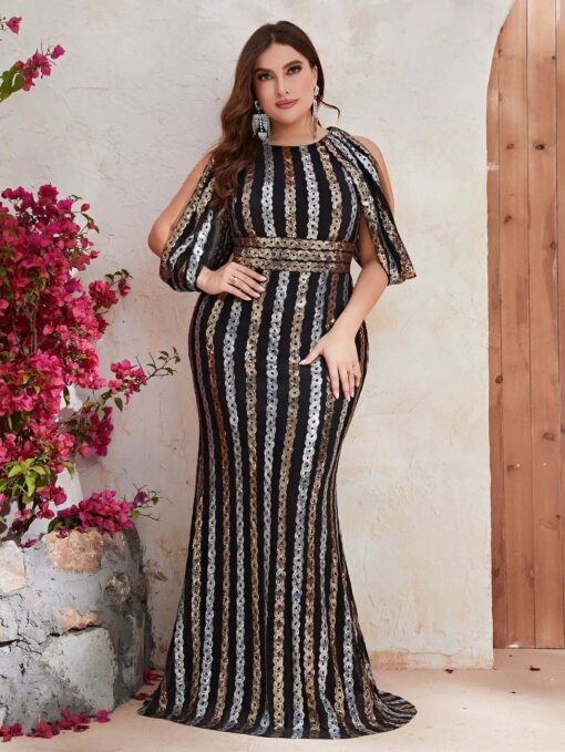 Large Size Evening Dresses Fashion Female Sequin Draped Sleeve Birthday Wedding Party Dresses Plus Size Women