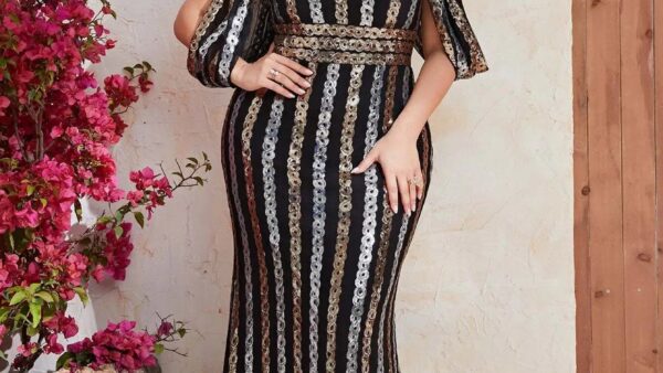 Large Size Evening Dresses Fashion Female Sequin Draped Sleeve Birthday Wedding Party Dresses Plus Size Women