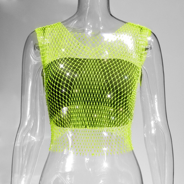 Leqoel Sexy Mesh Crop Tops for Women Summer Rhinestones Fashion Party See Through Fishnet Tank jpg x