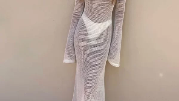 Long Sleeve Knit Beach Dress Women Sexy See Through Slim Maxi Dress Summer Elegant Solid Backless