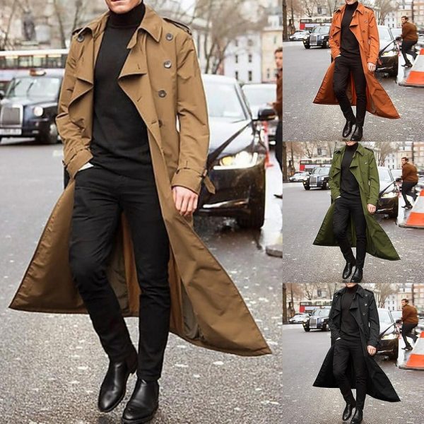 Long Slim Men Trench Coat Double Breasted Lapel Windbreaker Male Fashion Autumn Winter Coat Long Design 4