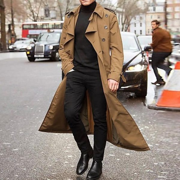 Long Slim Men Trench Coat Double Breasted Lapel Windbreaker Male Fashion Autumn Winter Coat Long Design