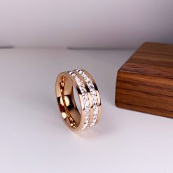 Luxury Rose Gold Color Double Row Square Zircon Stainless Steel Ring For Women Romantic Engageme Wedding