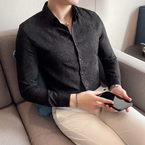 Luxury Vintage Jacquard Shirt 2023 Spring Long Sleeve Slim Fit Casual Tuxedo Fashion Man Wedding social 2