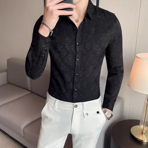 Luxury Vintage Jacquard Shirt 2023 Spring Long Sleeve Slim Fit Casual Tuxedo Fashion Man Wedding social 3