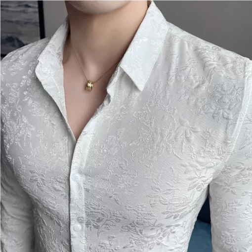 Luxury Vintage Jacquard Shirt 2023 Spring Long Sleeve Slim Fit Casual Tuxedo Fashion Man Wedding social 5