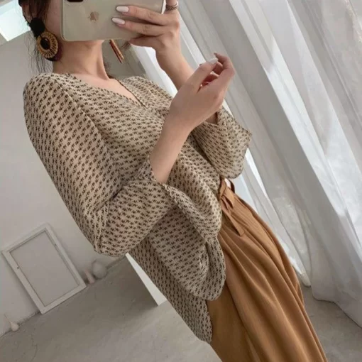 MEXZT Vintage Blouses Women Elegant V Neck Print Long Sleeve Loose Shirts Office Lady Casual Chiffon 3