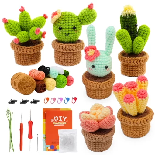 MIUSIE Beginner Crochet Kit Cactus Potted Plant Creative Crochet DIY Keychai Knitting Key Holder Crochet Dolls 2