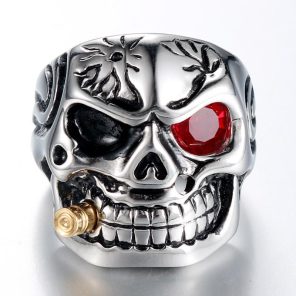 Man punk ring domineering black red eyes skull bite bullet ring jewelry