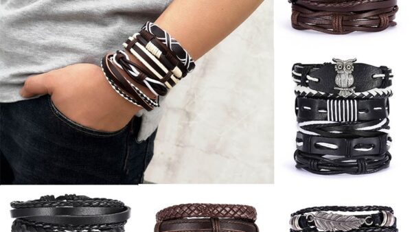 Men Bracelets Vintage Multilayer Leather Braid Bracelets Bangles Star Leaf Owl Handmade Rope Wrap Bracelets Male