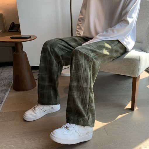 Men Checkered Casual Pants Loose Straight Corduroy Pants Sweatpants Man Fashion Streetwear 2023 Spring New Hip 4