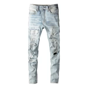 Crystal Holes Streetwear Jeans: Light Blue Slim Fit