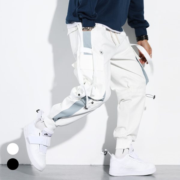 Men Hip Hop Drawstring Multi Pockets Straps Ankle Tied Long Cargo Pants Trousers 1