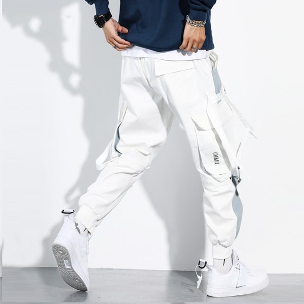 Men Hip Hop Drawstring Multi Pockets Straps Ankle Tied Long Cargo Pants Trousers 2
