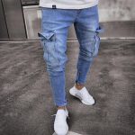 Men Jeans Safari Style Pencil Pants Solid Slim