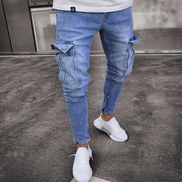 Men Jeans Safari Style Pencil Pants Solid Slim Male Denim Trousers Cargo Streetwear Plus Size Autumn