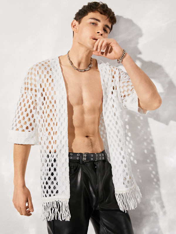Men Shirt Solid Mesh Hollow Out See Through Tassel Streetwear Casual Camisas Open Stitch Half Sleeve 1