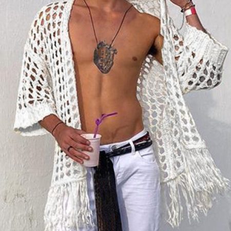 Men Shirt Solid Mesh Hollow Out See Through Tassel Streetwear Casual Camisas Open Stitch Half Sleeve
